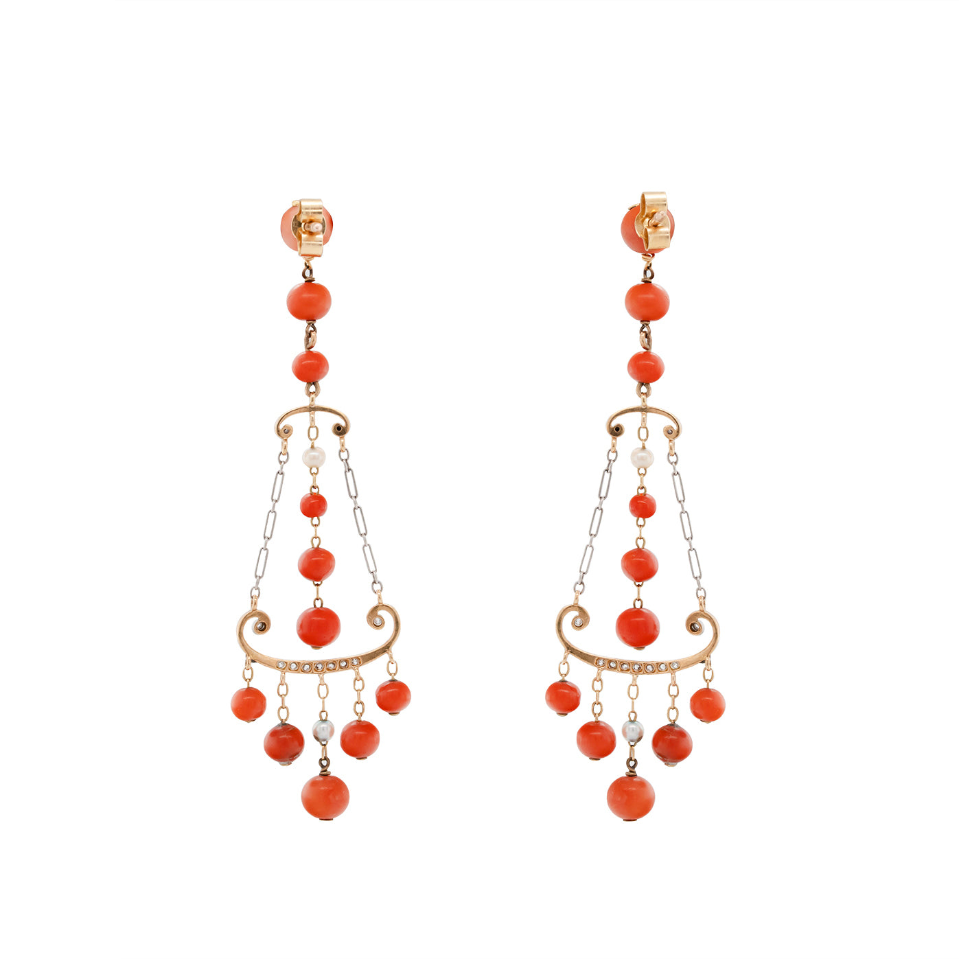 Art Deco Coral, Pearl and Diamond Drop Earrings-Charlotte Sayers Antique Jewellery