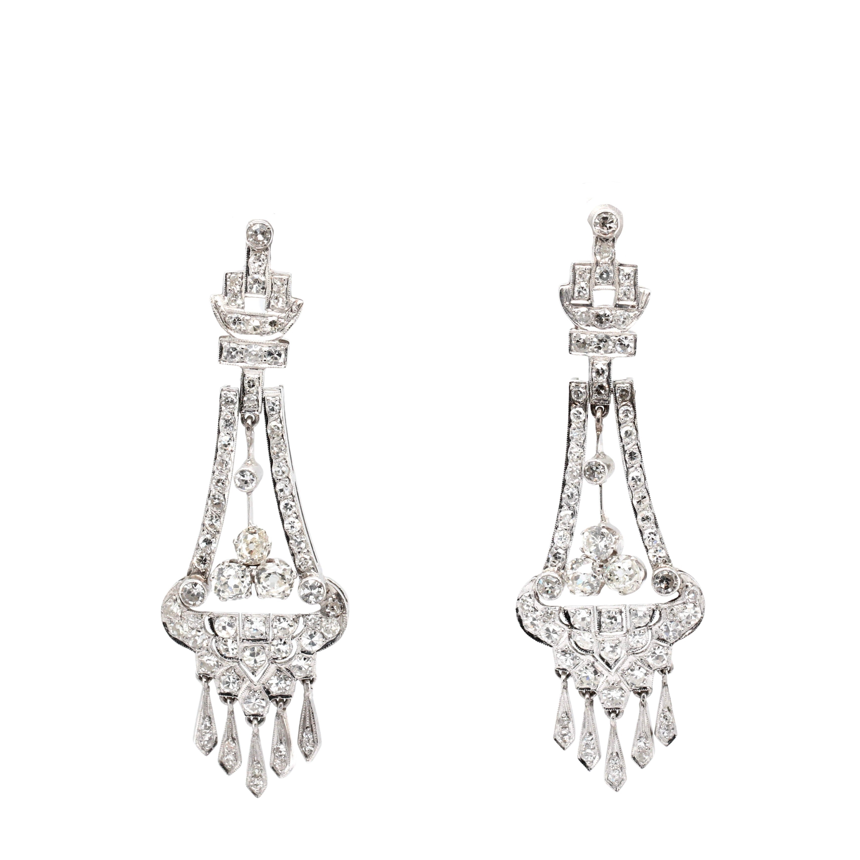 Art Deco Diamond Drop Earrings-Charlotte Sayers Antique Jewellery