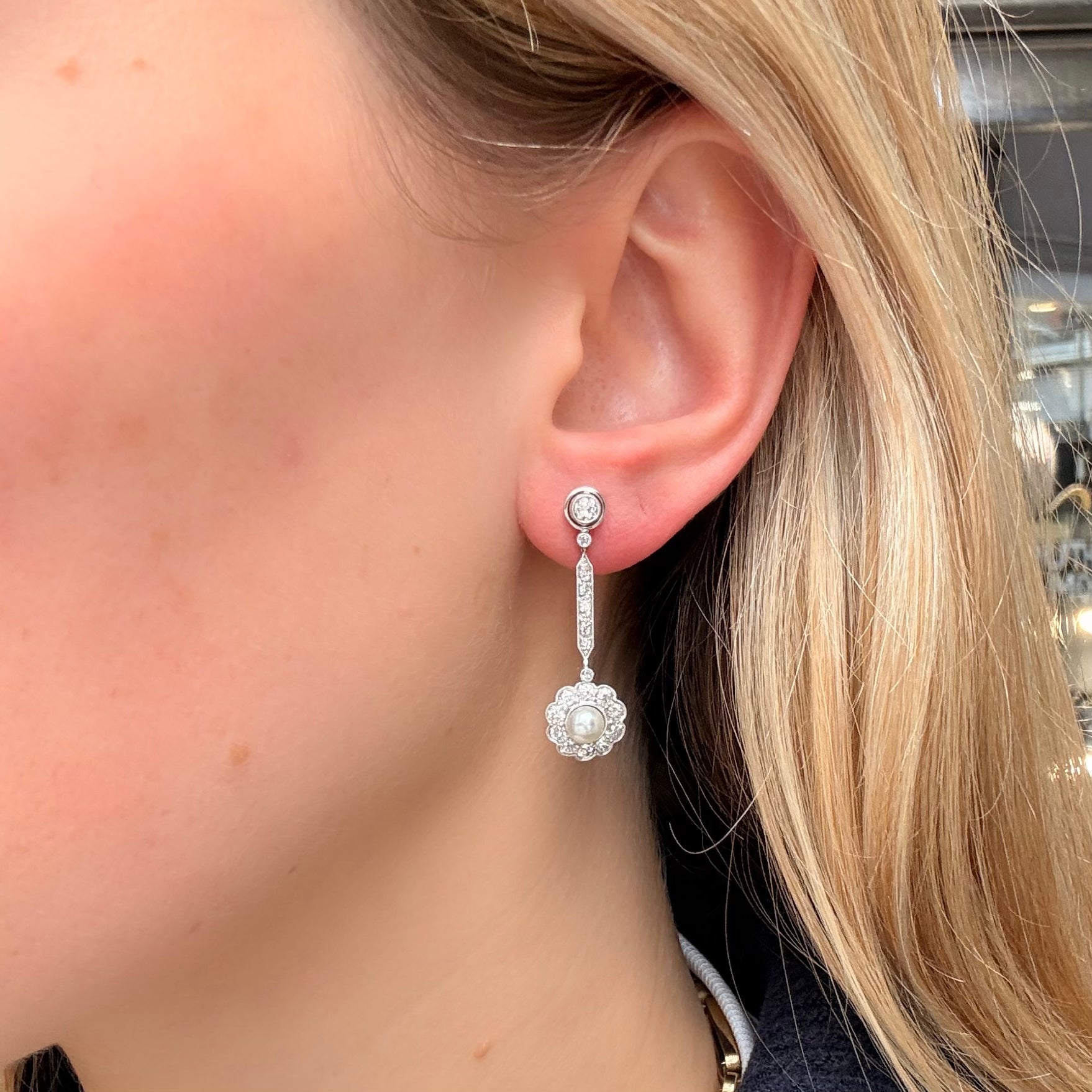 Art Deco Diamond and Pearl Drop Earrings-Charlotte Sayers Antique Jewellery