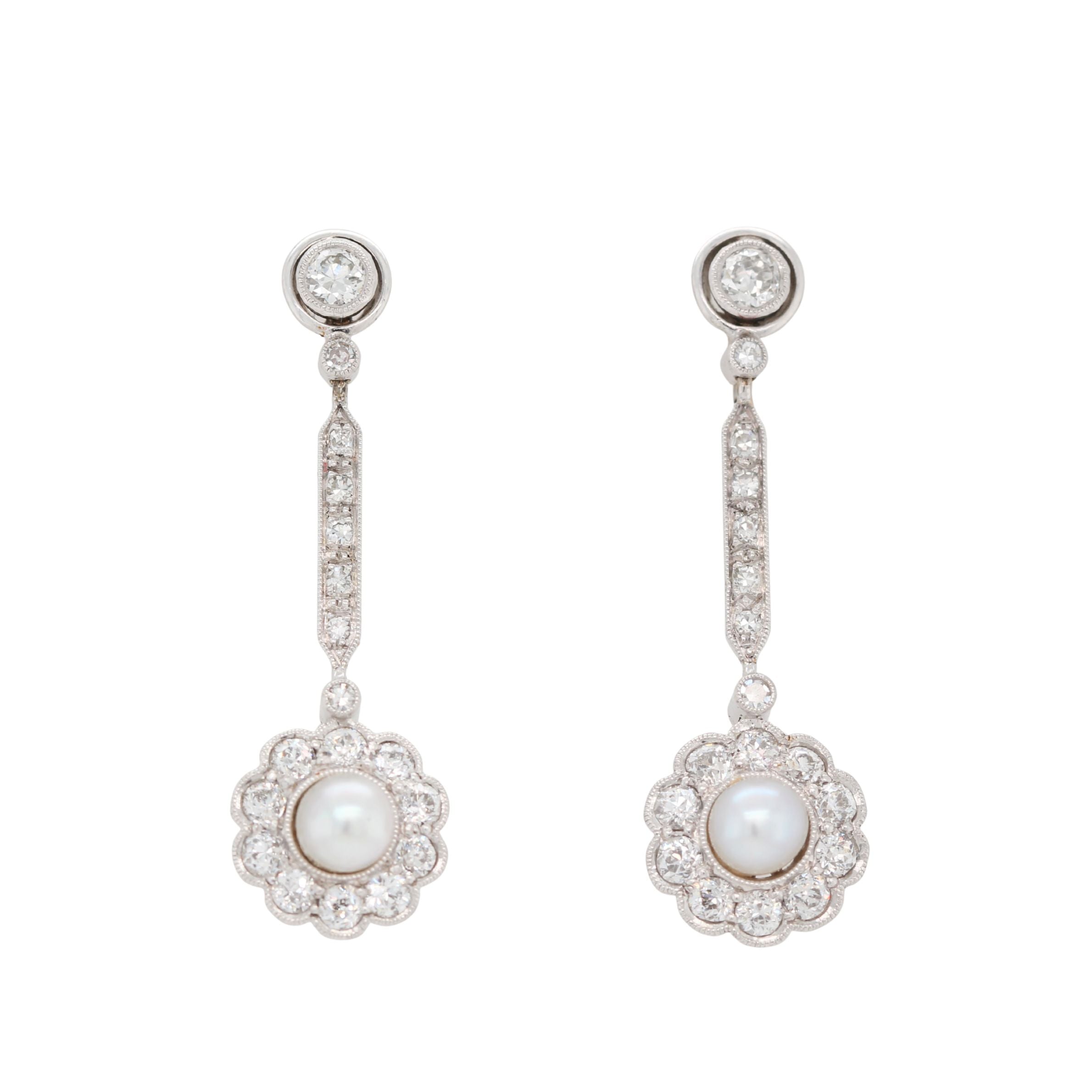Art Deco Diamond and Pearl Drop Earrings-Charlotte Sayers Antique Jewellery