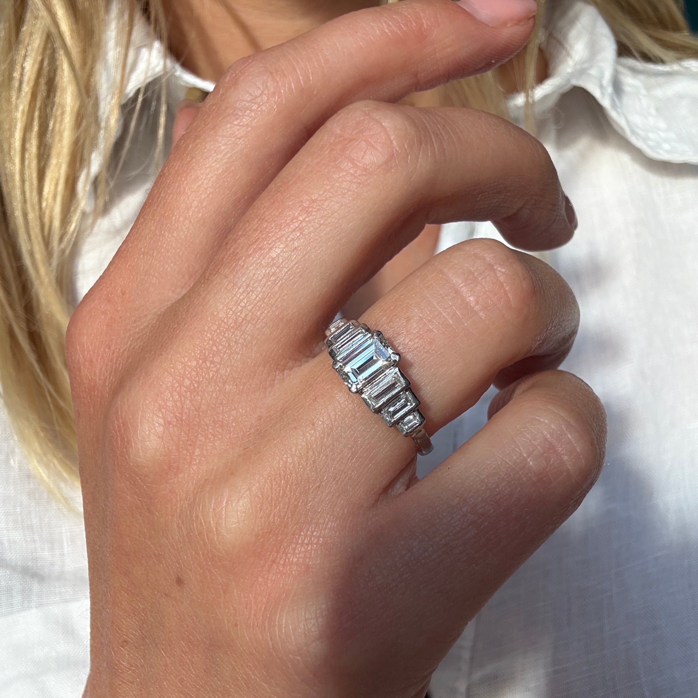Art Deco Inspired Baguette Cut Diamond and Platinum Ring-Charlotte Sayers Antique Jewellery