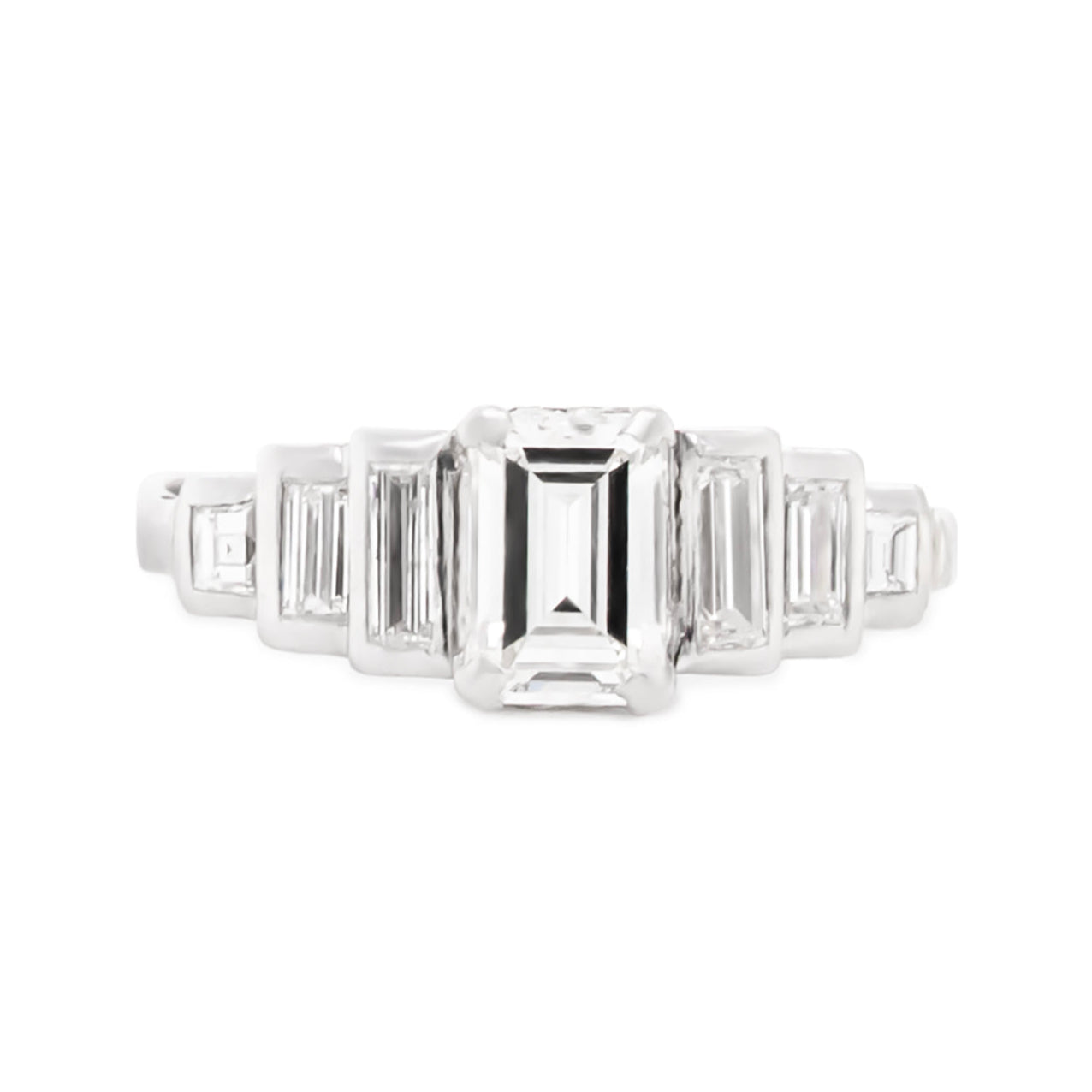 Art Deco Inspired Baguette Cut Diamond and Platinum Ring-Charlotte Sayers Antique Jewellery