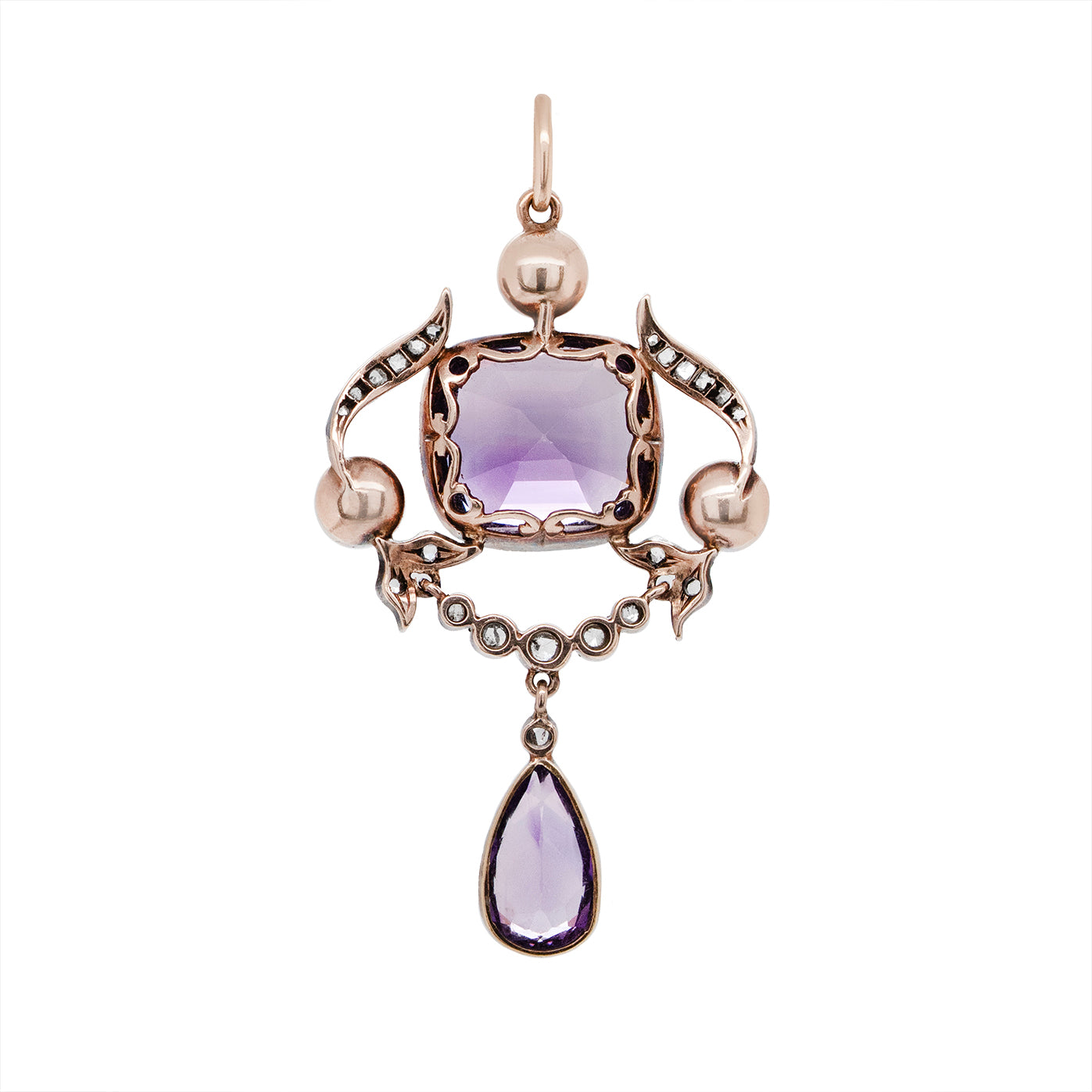 Arts and Crafts Amethyst Diamond and Pearl Pendant-Charlotte Sayers Antique Jewellery