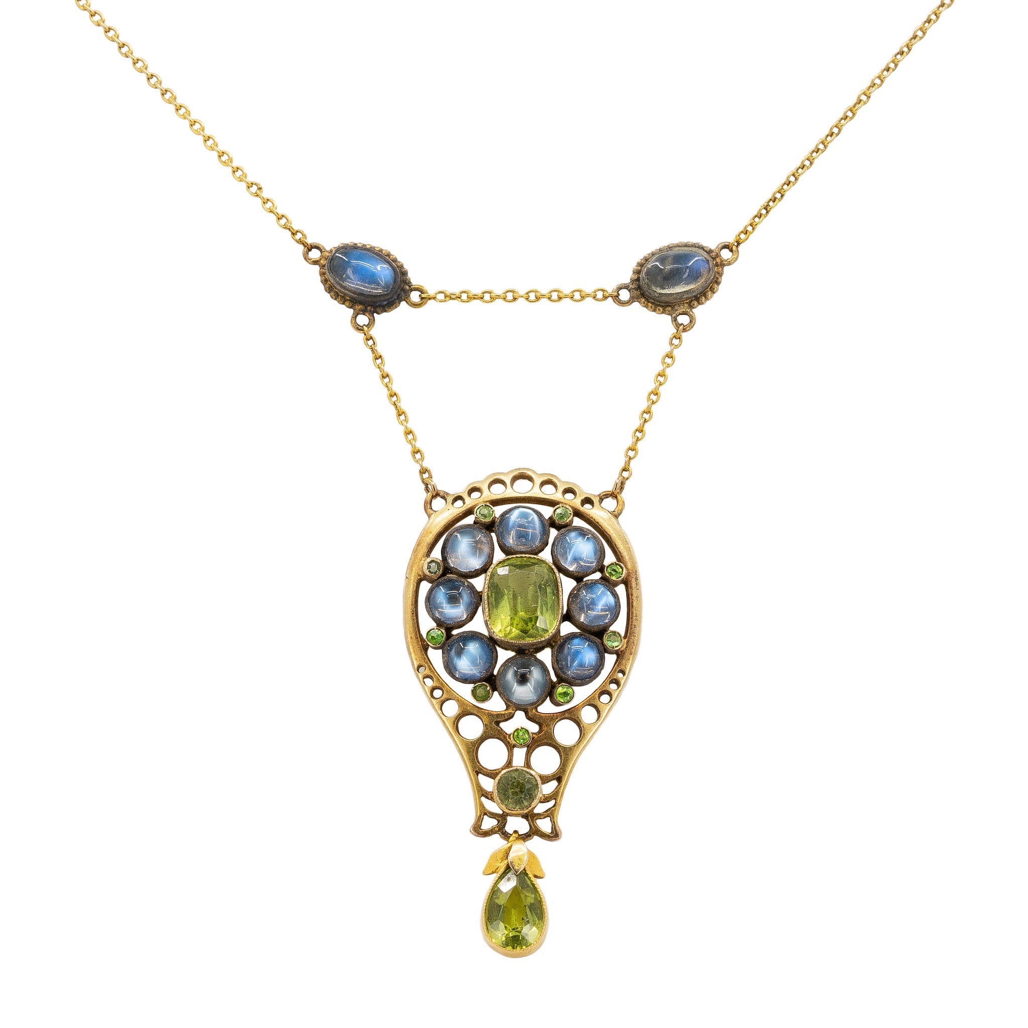 Arts and Crafts Moonstone & Peridot Pendant Necklace-Charlotte Sayers Antique Jewellery
