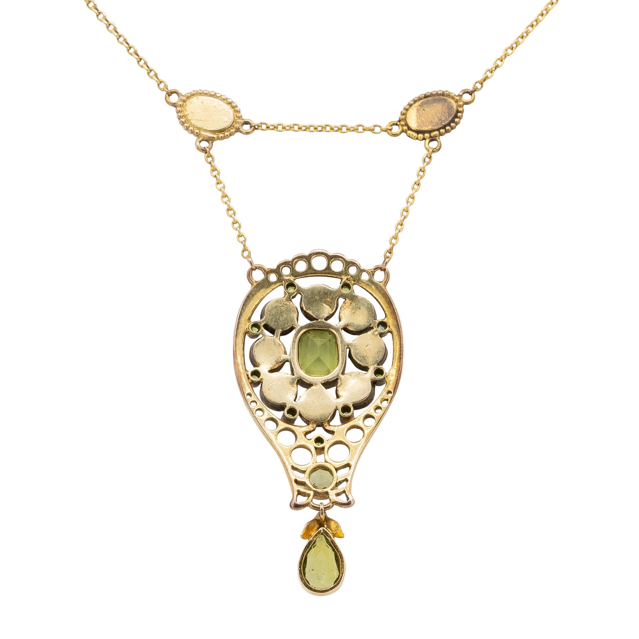 Arts and Crafts Moonstone & Peridot Pendant Necklace-Charlotte Sayers Antique Jewellery
