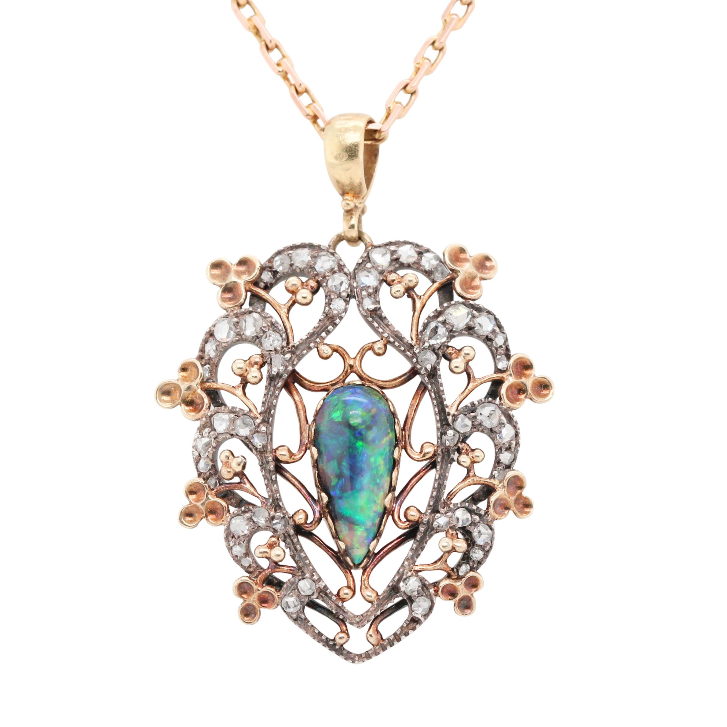 Arts and Crafts Opal and Diamond Pendant-Charlotte Sayers Antique Jewellery