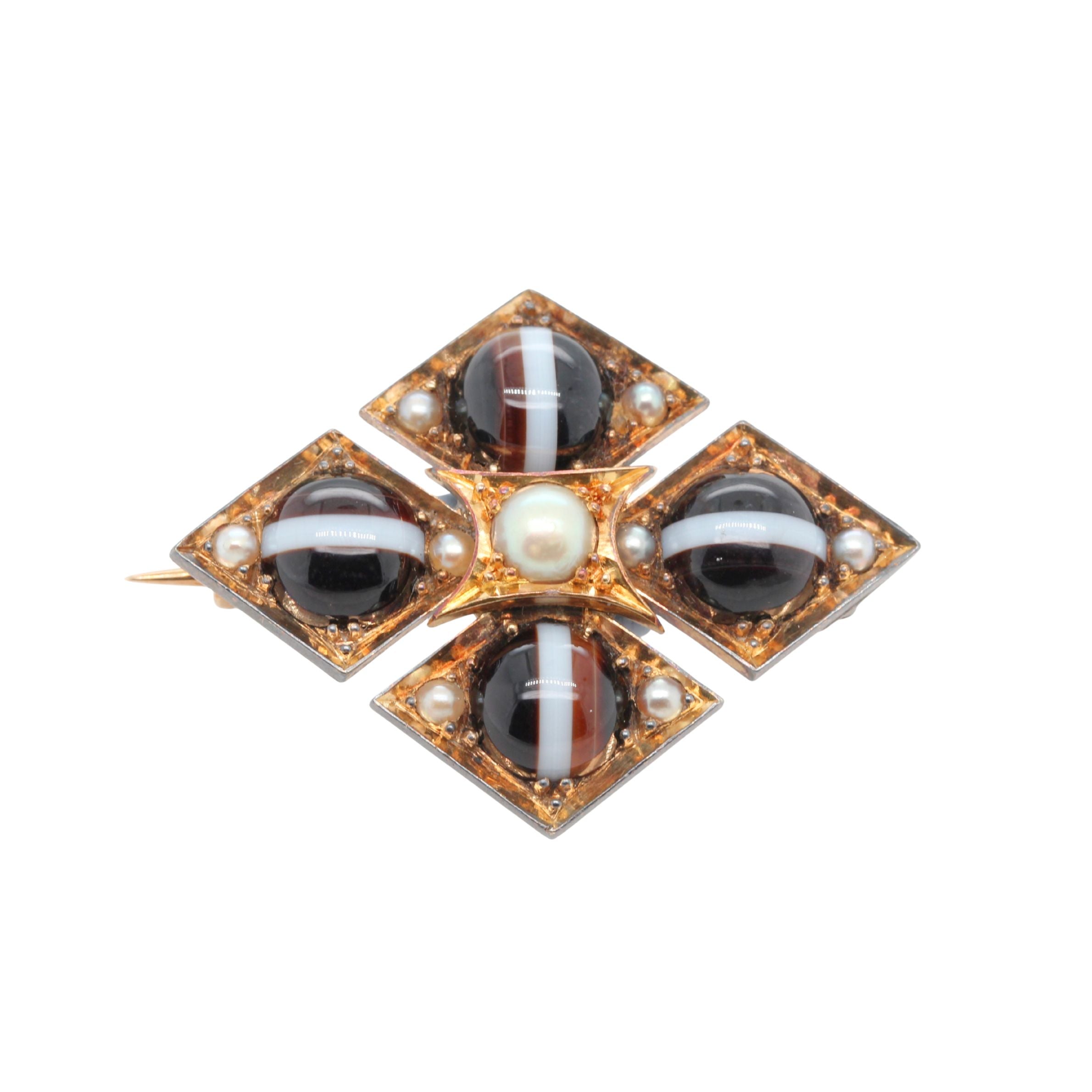 Banded Agate and Natural Pearl Brooch-Charlotte Sayers Antique Jewellery