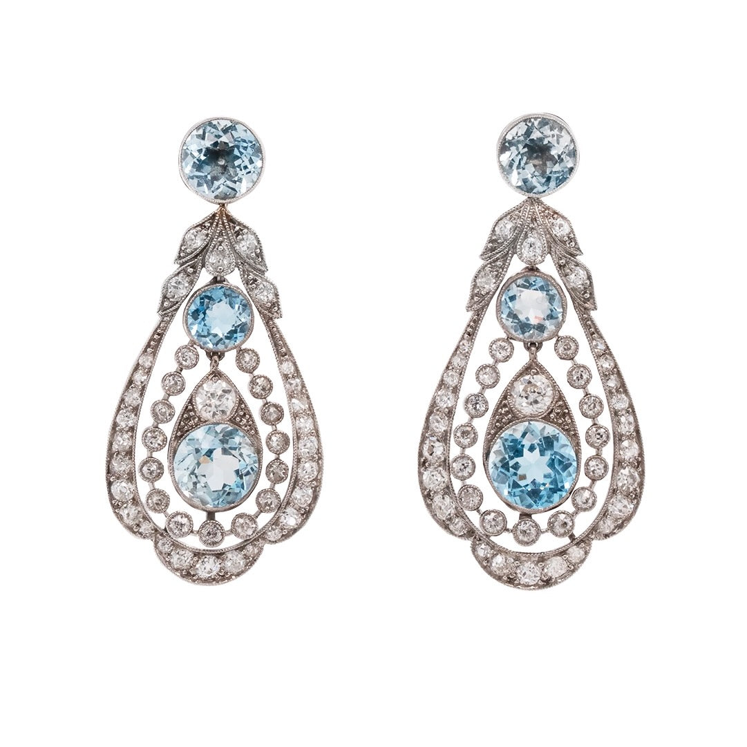 Belle Epoque Aquamarine and Diamond Earrings-Charlotte Sayers Antique Jewellery