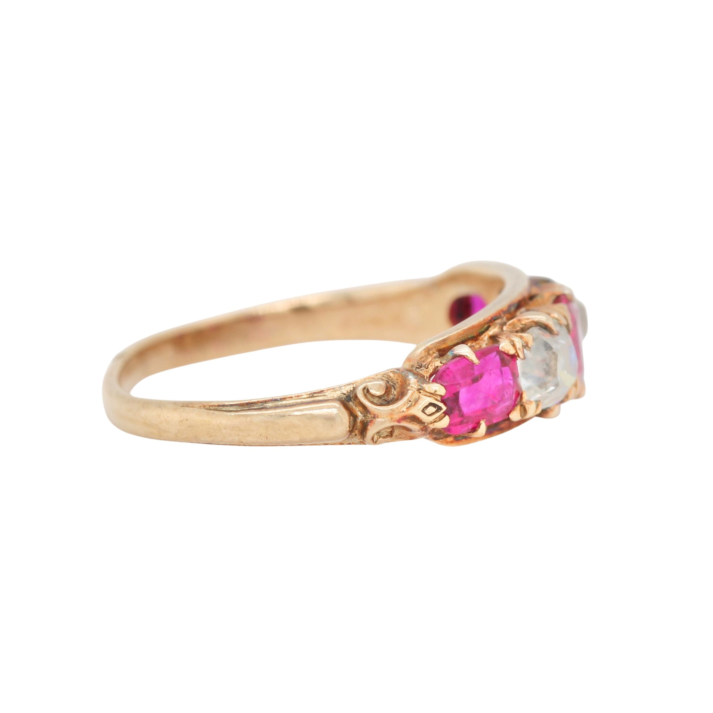 Burmese Ruby and Diamond Five Stone Ring-Charlotte Sayers Antique Jewellery