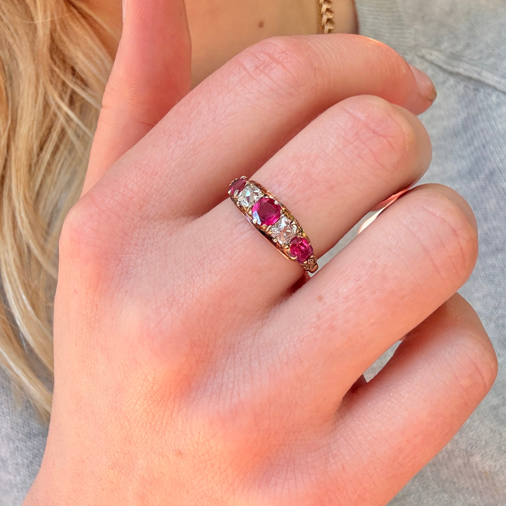 Burmese Ruby and Diamond Five Stone Ring-Charlotte Sayers Antique Jewellery