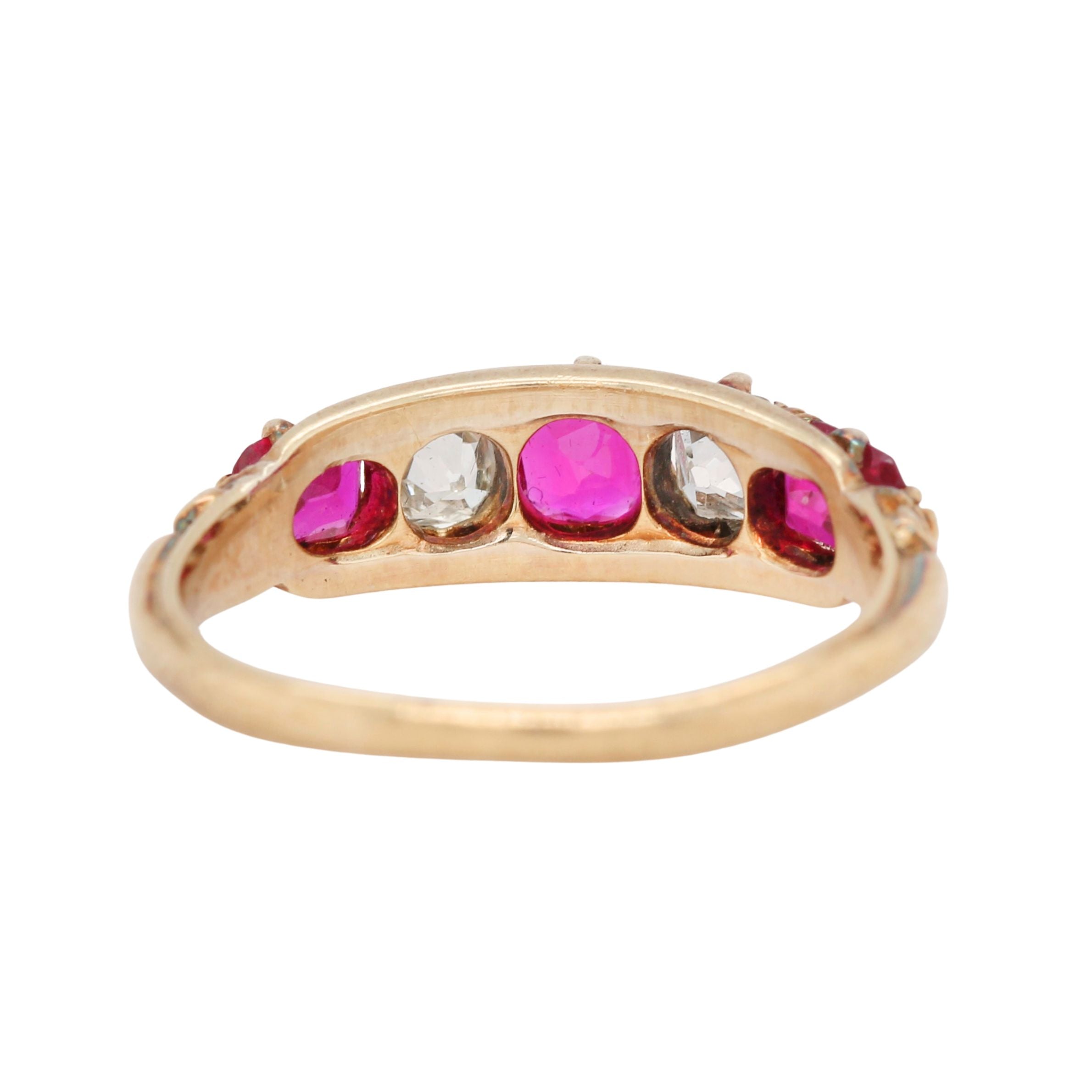 Burmese Ruby and Diamond Five Stone Ring-Charlotte Sayers Antique Jewellery