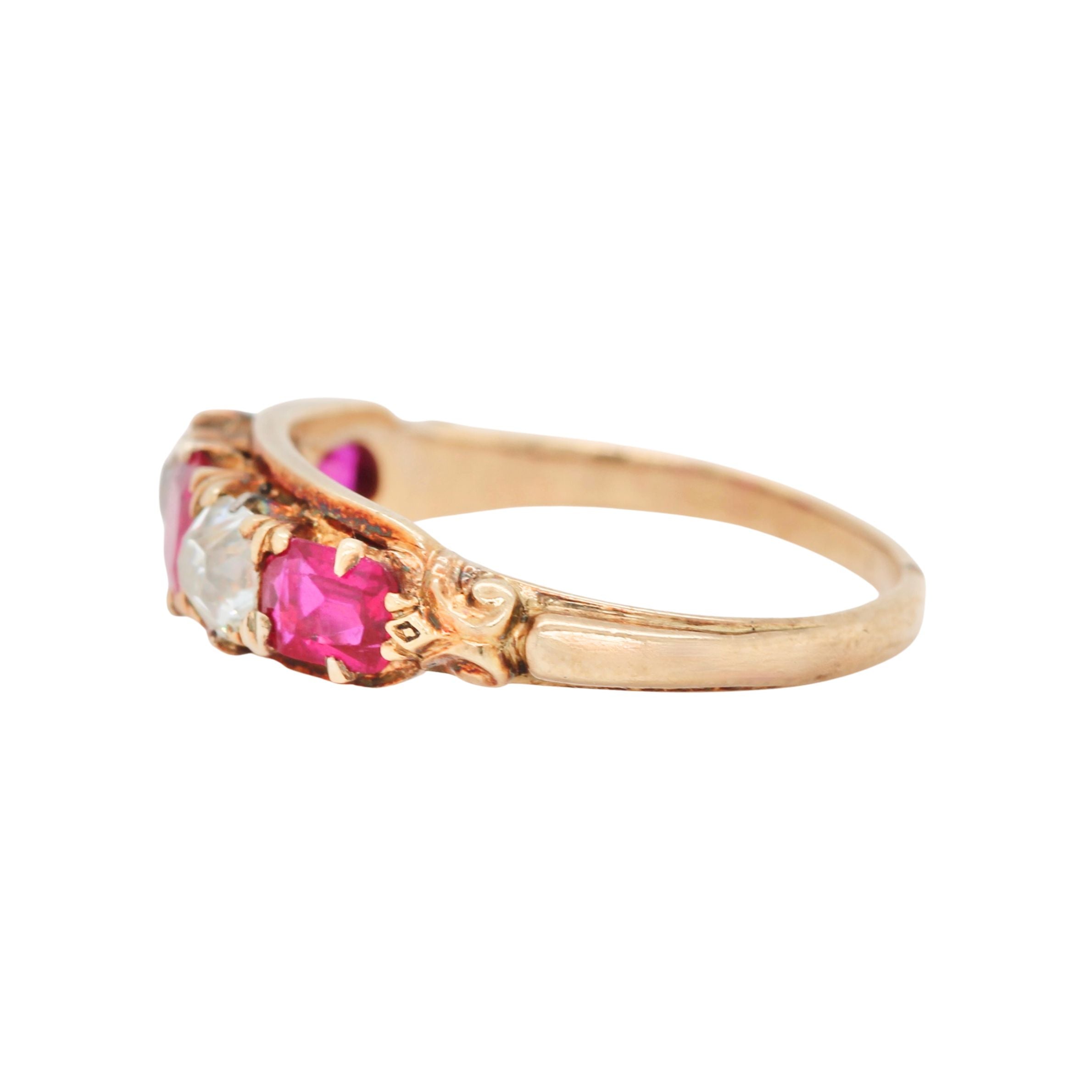 Burmese Ruby and Diamond Five Stone Ring-Charlotte Sayers Antique Jewellery