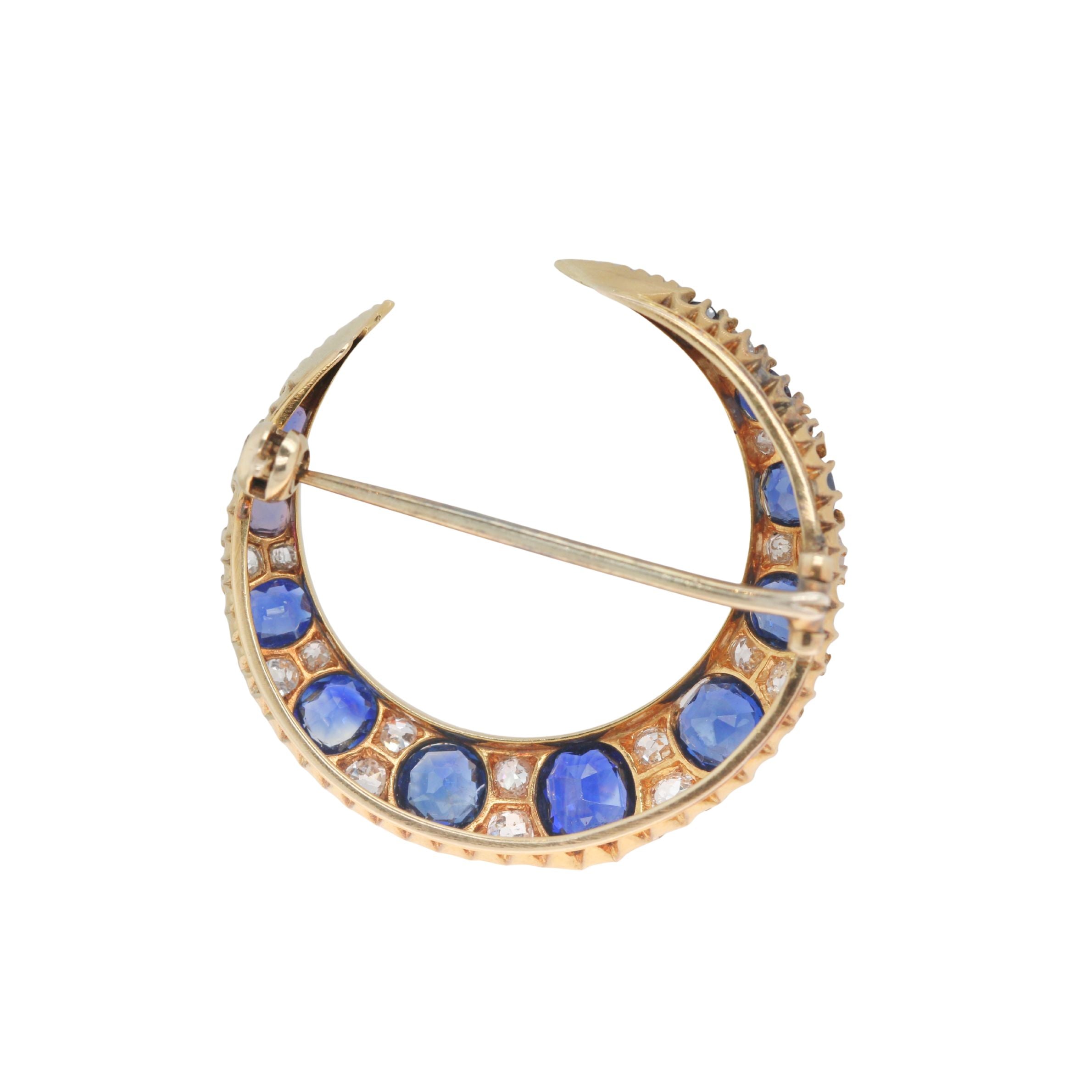 Ceylon Sapphire and Old Cut Diamond Crescent Brooch-Charlotte Sayers Antique Jewellery