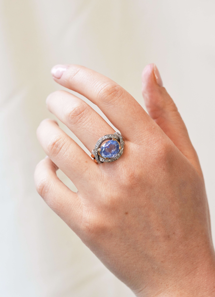 Ceylonese Sapphire and Diamond Ring-Charlotte Sayers Antique Jewellery