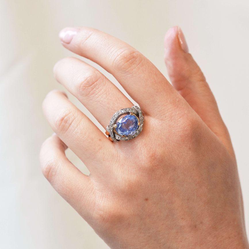 Ceylonese Sapphire and Diamond Ring-Charlotte Sayers Antique Jewellery