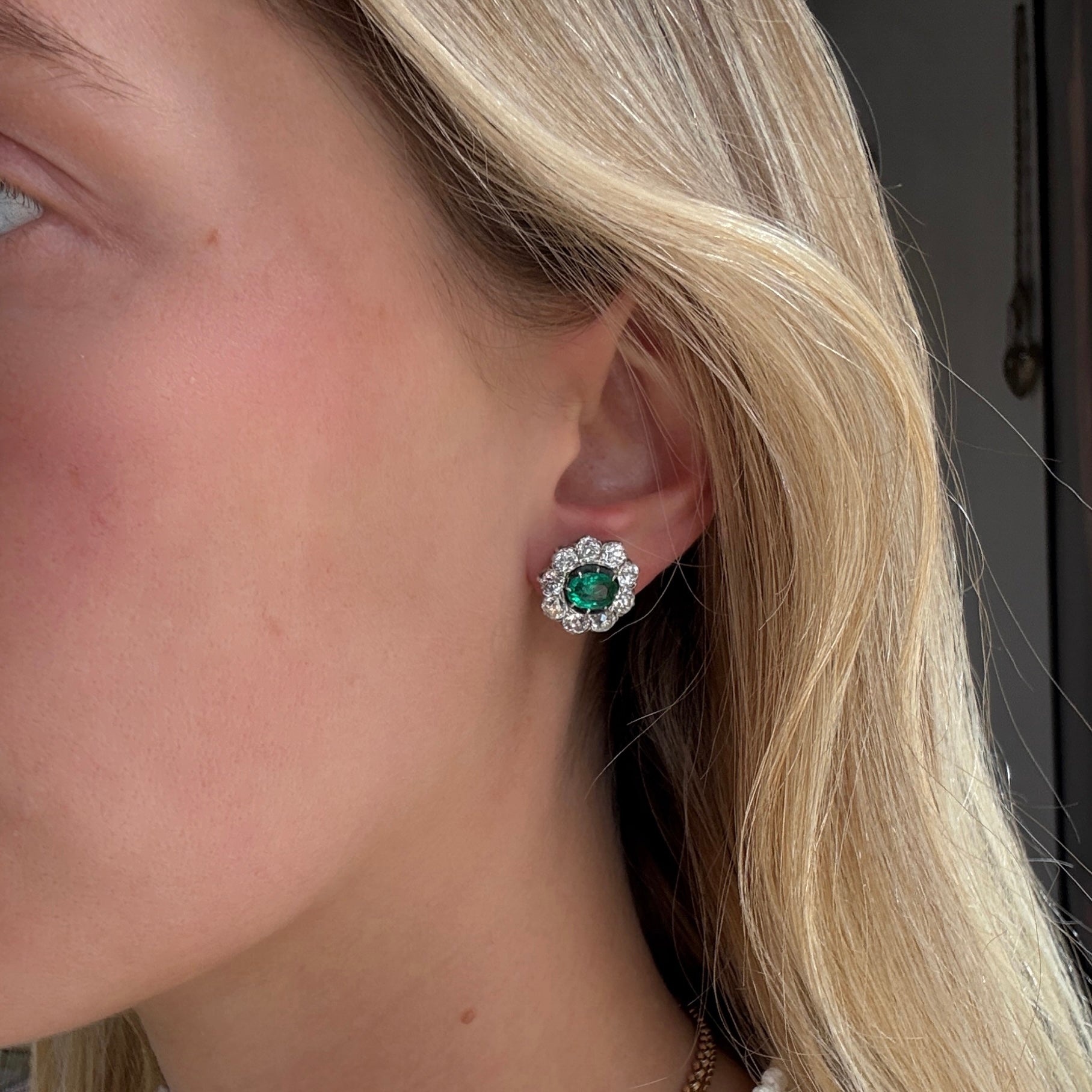 Colombian Emerald and Diamond Cluster Earrings-Charlotte Sayers Antique Jewellery