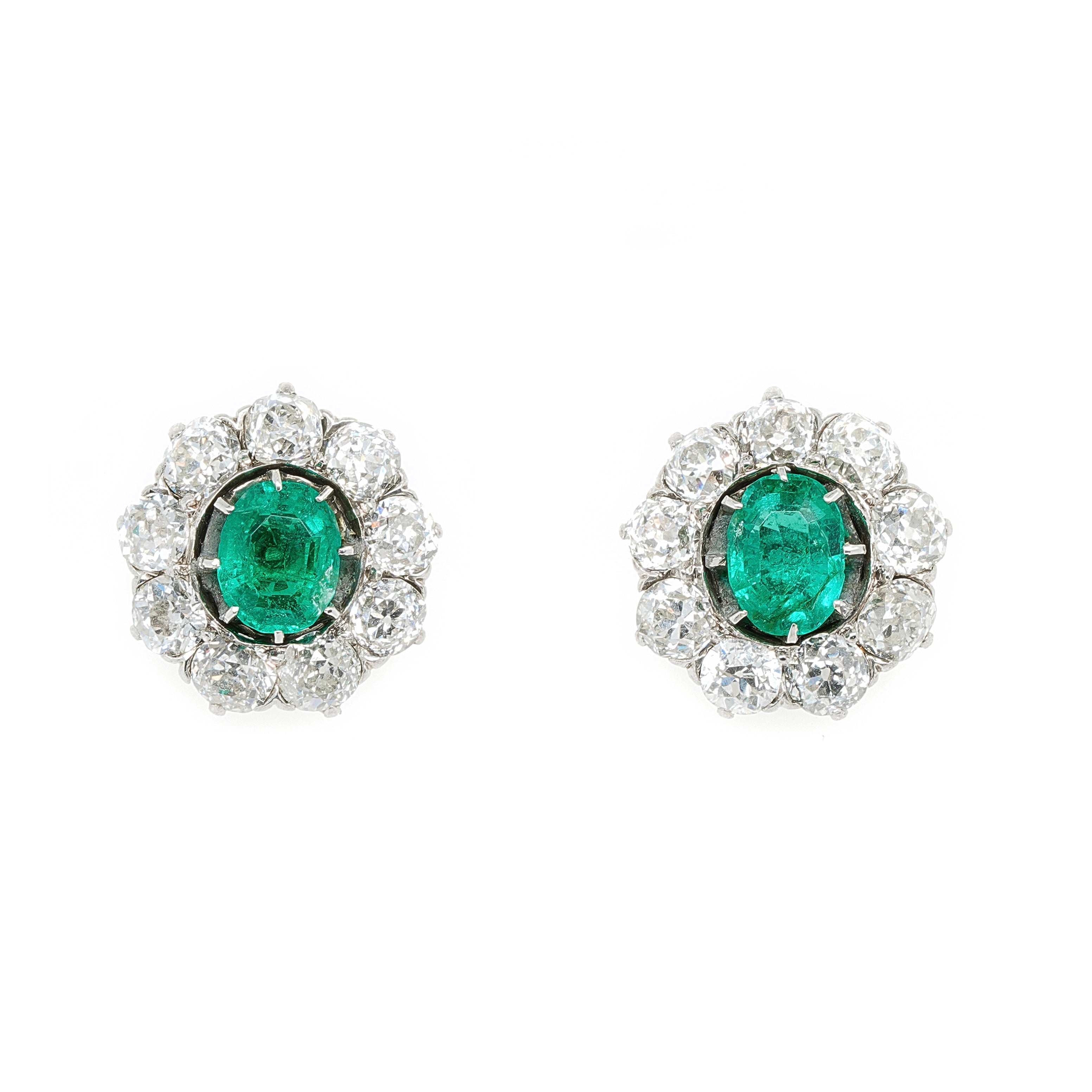 Colombian Emerald and Diamond Cluster Earrings-Charlotte Sayers Antique Jewellery