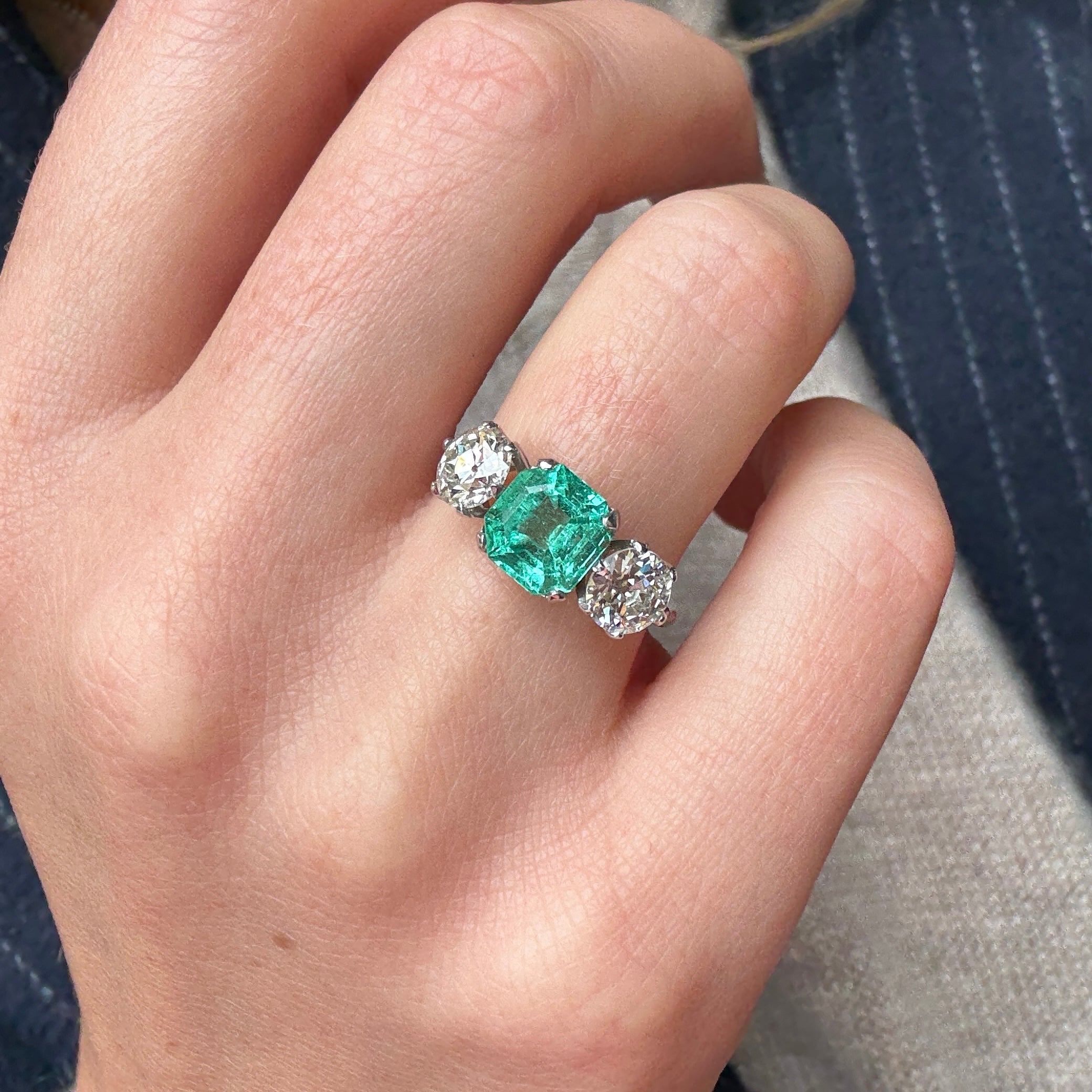 Colombian Emerald and Diamond Three Stone Ring-Charlotte Sayers Antique Jewellery