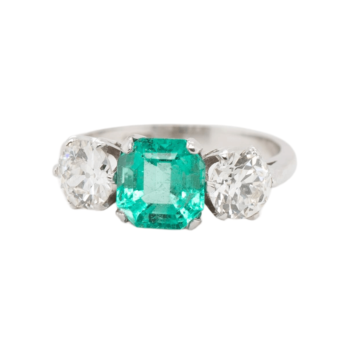 Colombian Emerald and Diamond Three Stone Ring-Charlotte Sayers Antique Jewellery