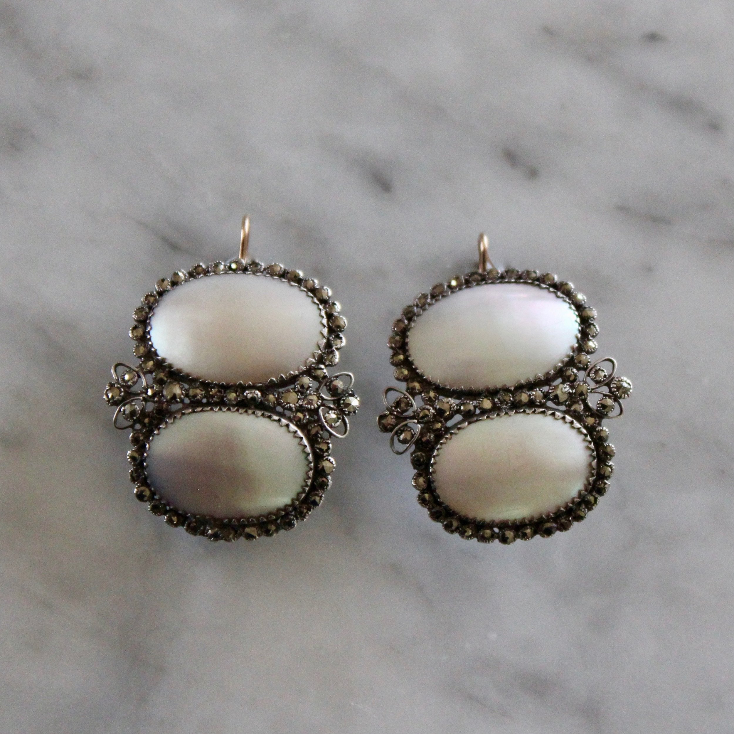 Coque De Perle and Pyrites Earrings-Charlotte Sayers Antique Jewellery