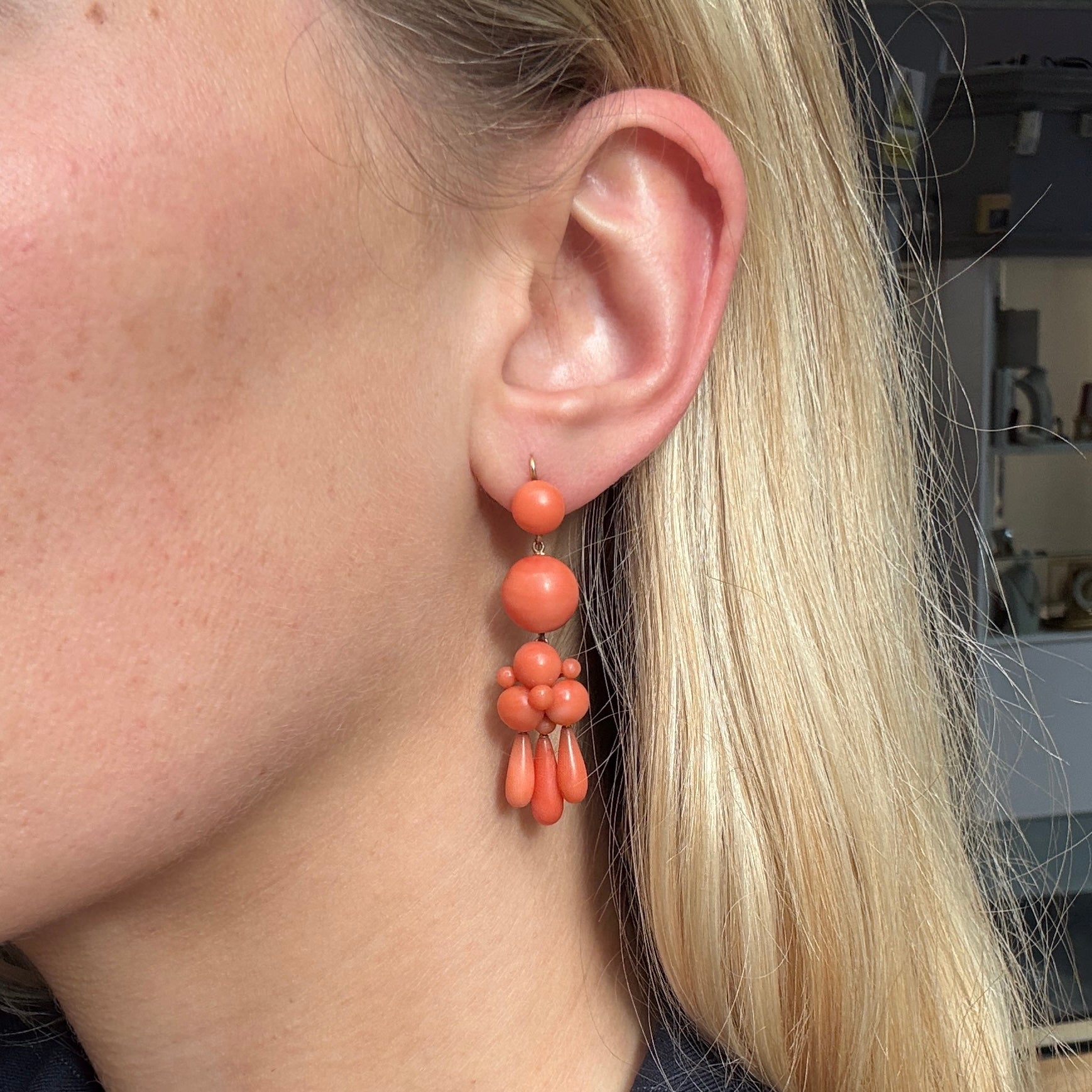 Coral Drop Earrings-Charlotte Sayers Antique Jewellery