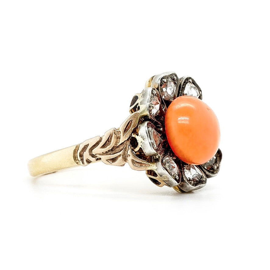 Coral and Diamond Flower Ring-Charlotte Sayers Antique Jewellery