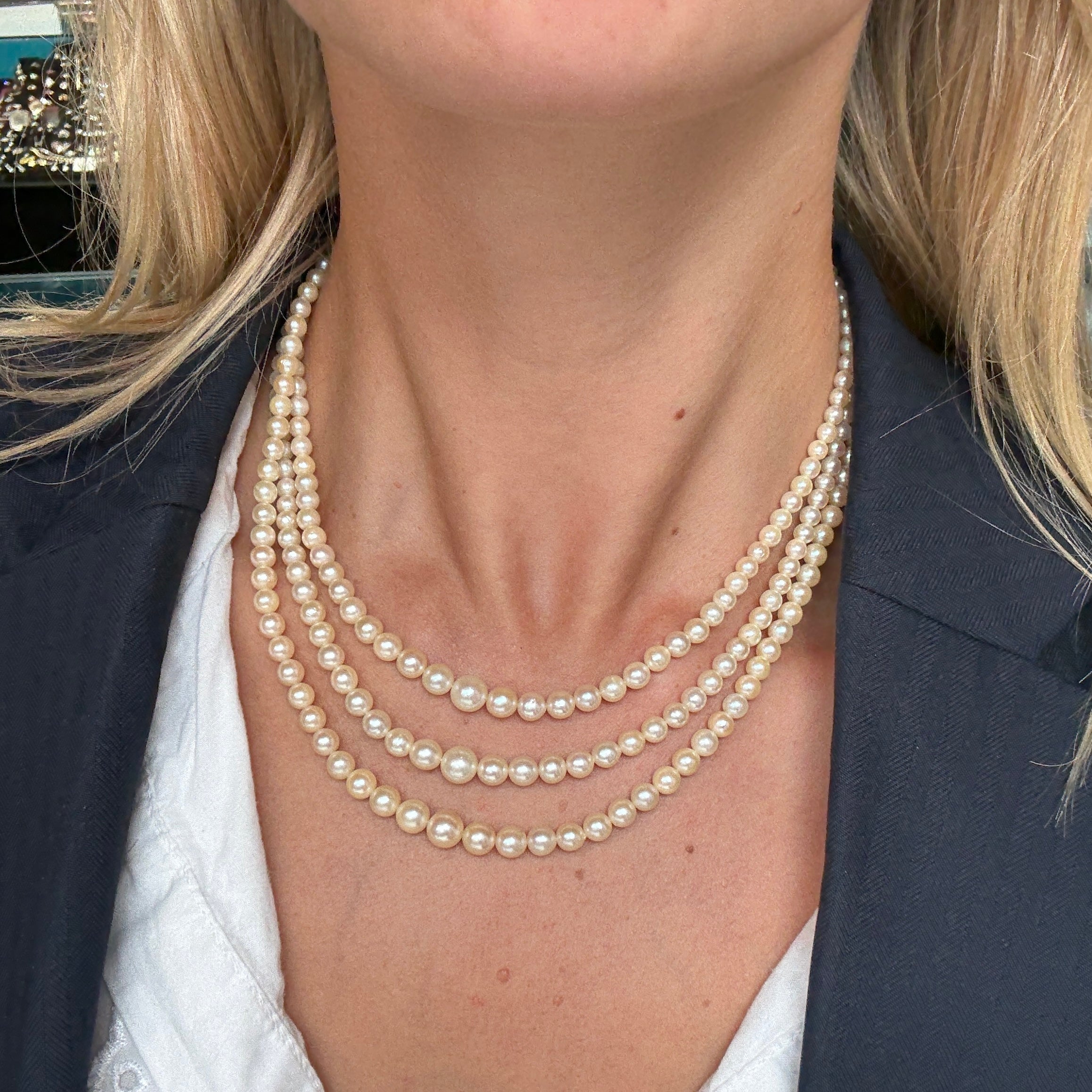 Cultured Pearl Three Row Necklace-Charlotte Sayers Antique Jewellery
