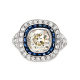 Art Deco Inspired Cushion Cut Diamond and Sapphire Ring