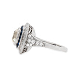 Art Deco Inspired Cushion Cut Diamond and Sapphire Ring