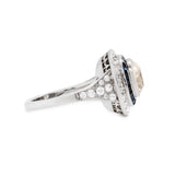 Art Deco Inspired Cushion Cut Diamond and Sapphire Ring