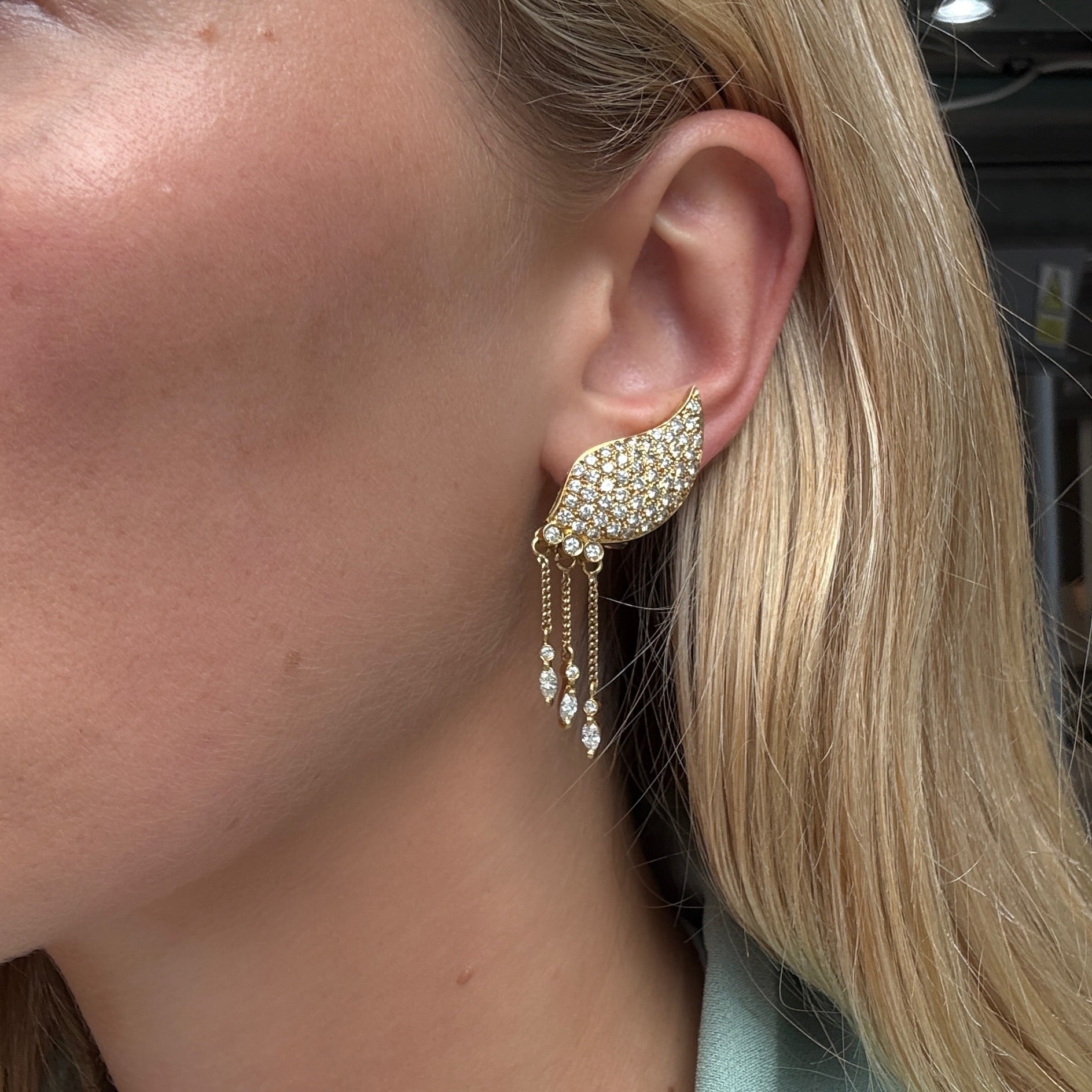 Diamond Gold Leaf Earrings-Charlotte Sayers Antique Jewellery