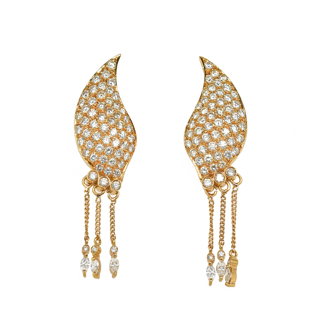 Diamond Gold Leaf Earrings-Charlotte Sayers Antique Jewellery