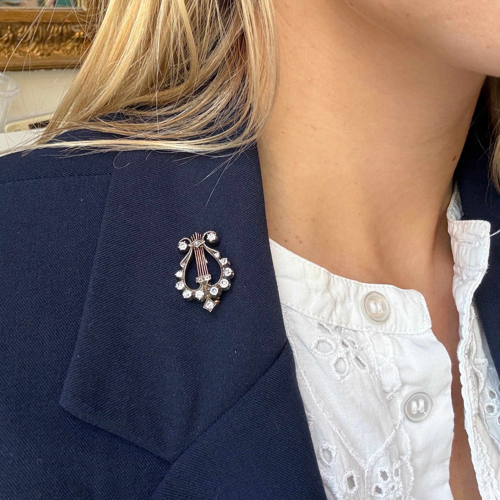 Diamond Lyre Brooch-Charlotte Sayers Antique Jewellery