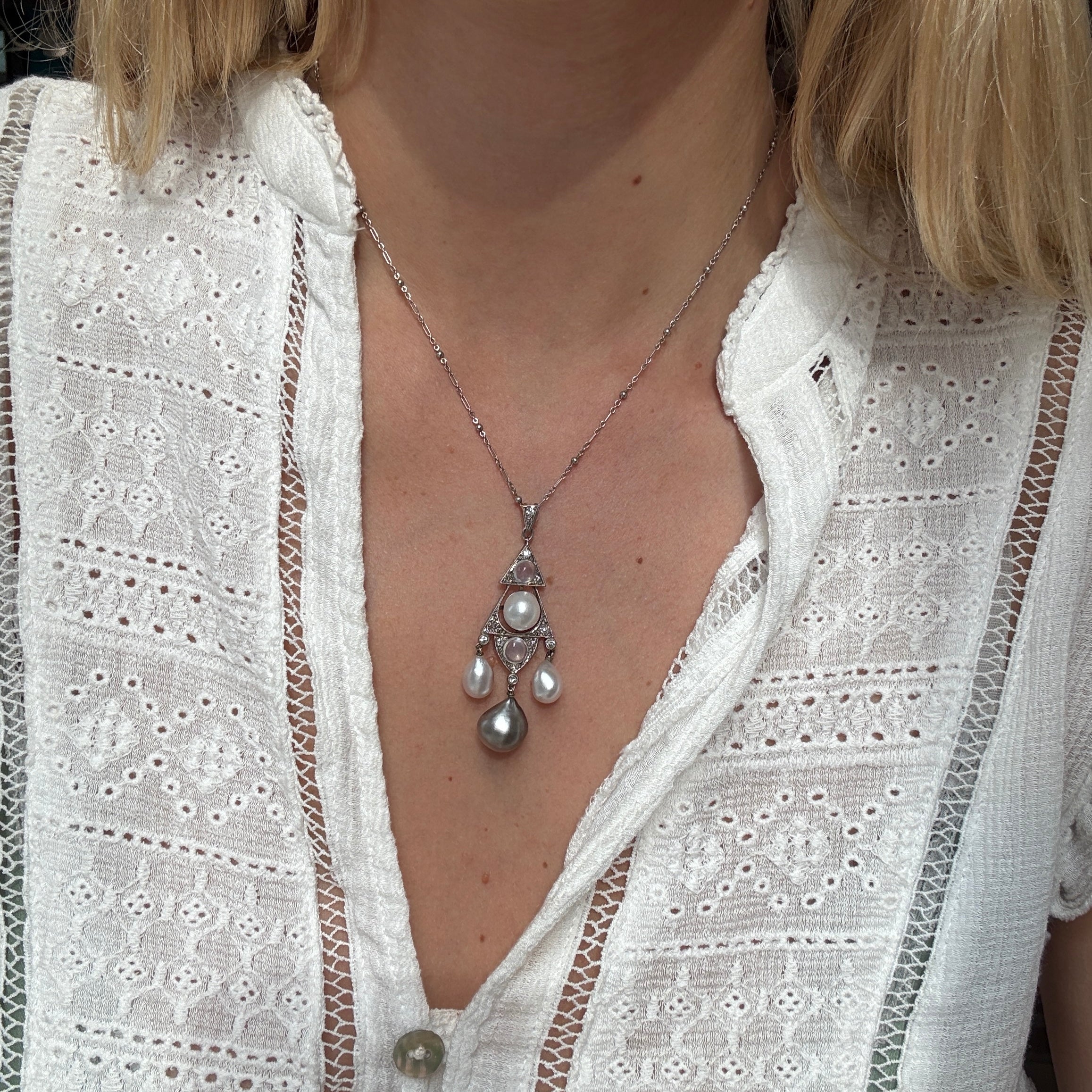 Diamond Pearl and Moonstone Pendant-Charlotte Sayers Antique Jewellery