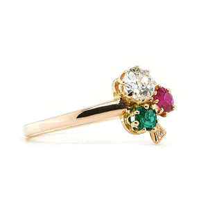 Diamond Ruby and Emerald Trefoil Flower Ring-Charlotte Sayers Antique Jewellery