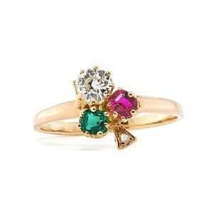 Diamond Ruby and Emerald Trefoil Flower Ring-Charlotte Sayers Antique Jewellery