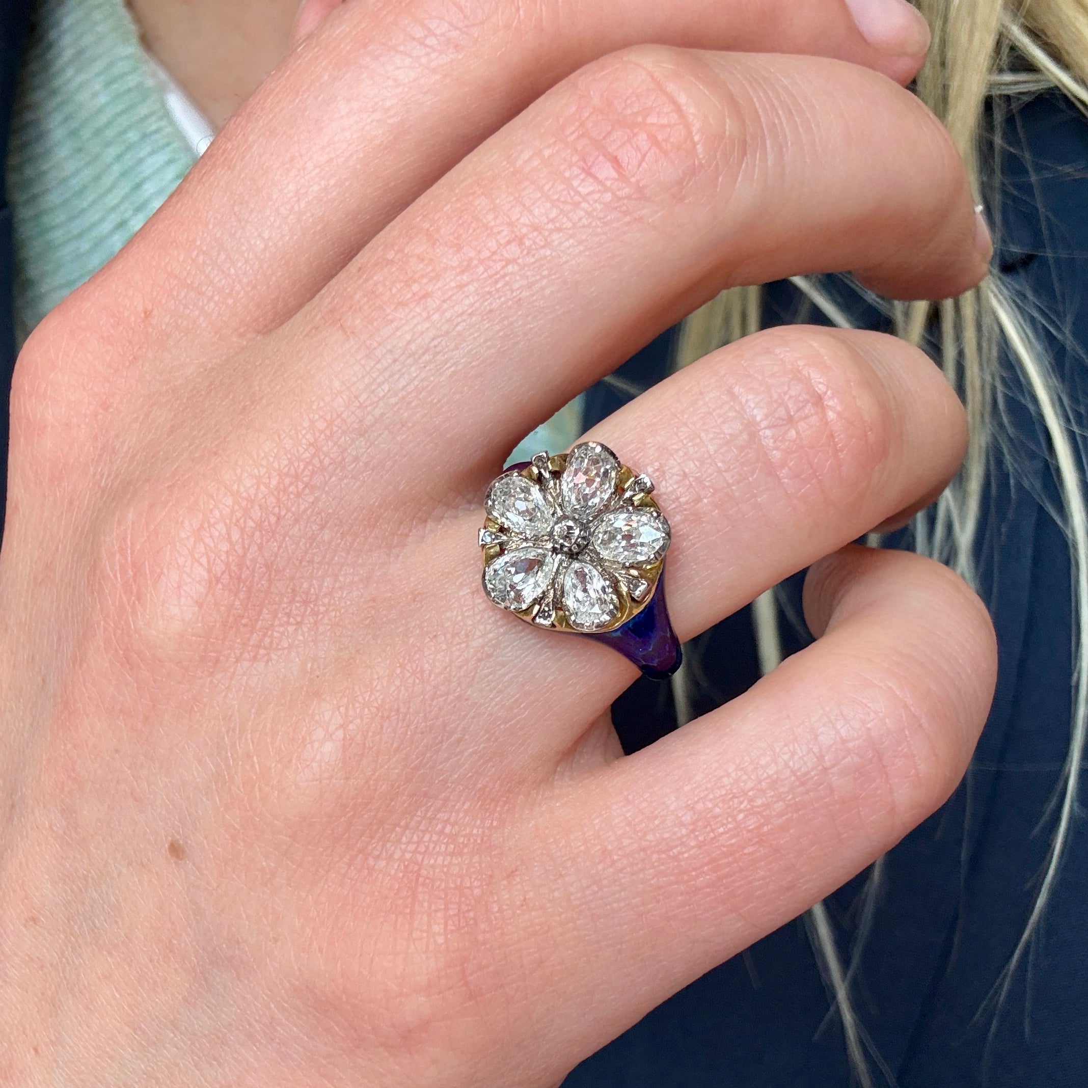 Early Victorian Diamond and Enamel Pansy Ring-Charlotte Sayers Antique Jewellery