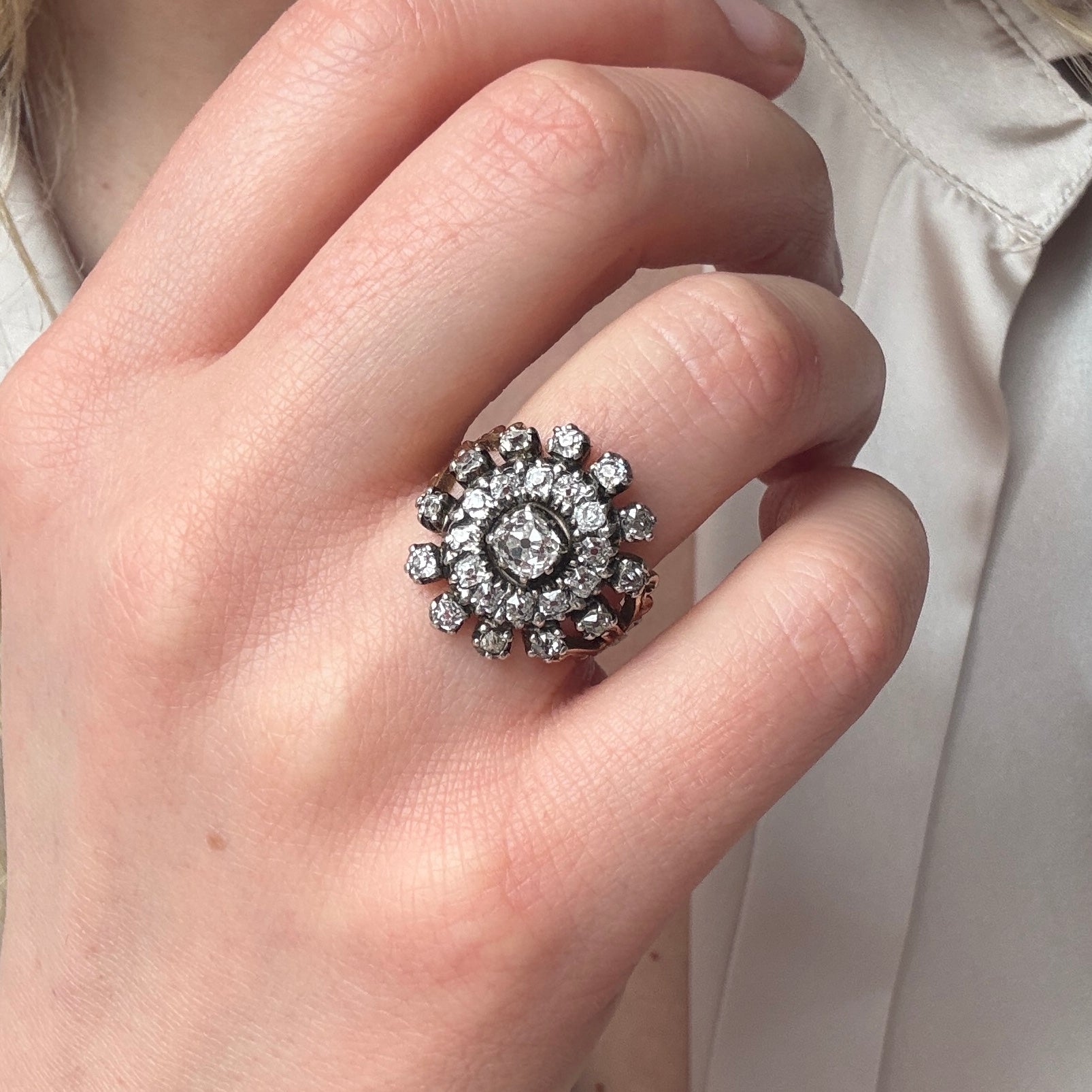 Early Victorian Old Cut Diamond Cluster Ring-Charlotte Sayers Antique Jewellery