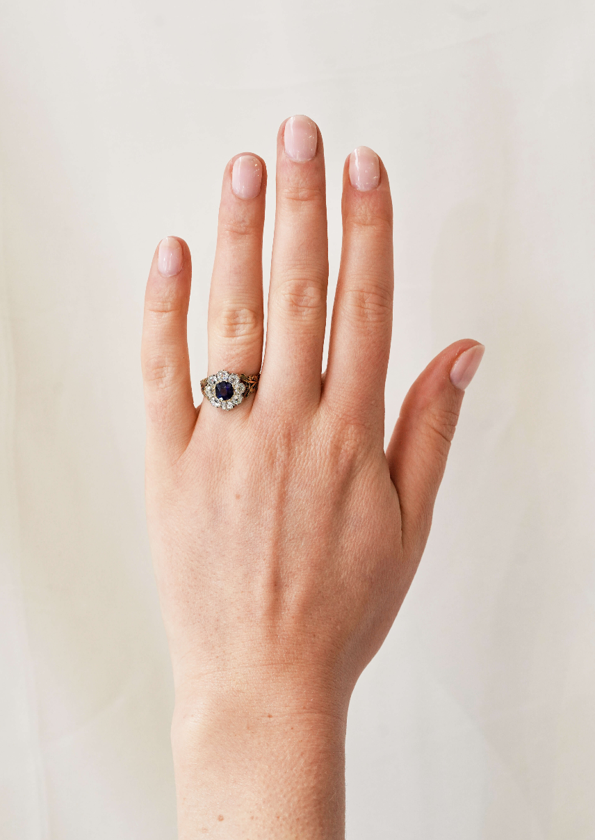 Early Victorian Sapphire and Diamond Cluster Ring-Charlotte Sayers Antique Jewellery