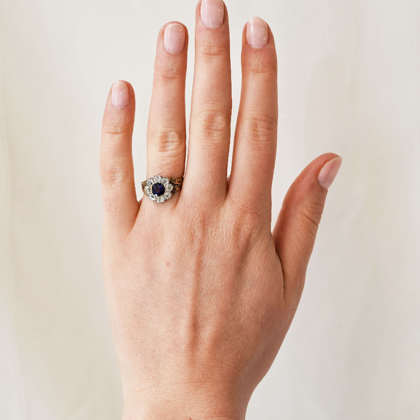 Early Victorian Sapphire and Diamond Cluster Ring-Charlotte Sayers Antique Jewellery