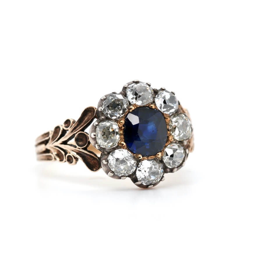 Early Victorian Sapphire and Diamond Cluster Ring-Charlotte Sayers Antique Jewellery