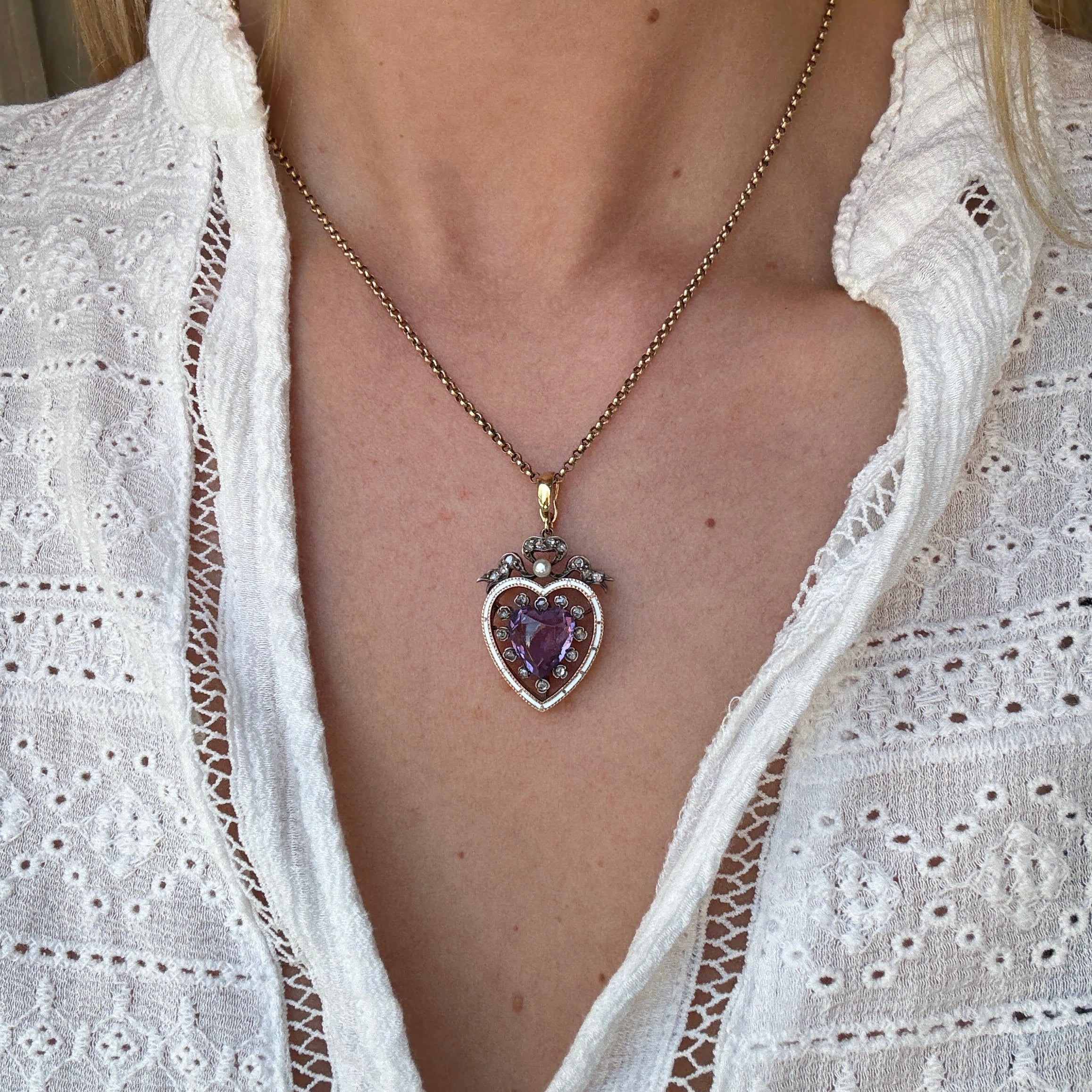 Edwardian Amethyst Enamel and Diamond Heart Pendant-Charlotte Sayers Antique Jewellery