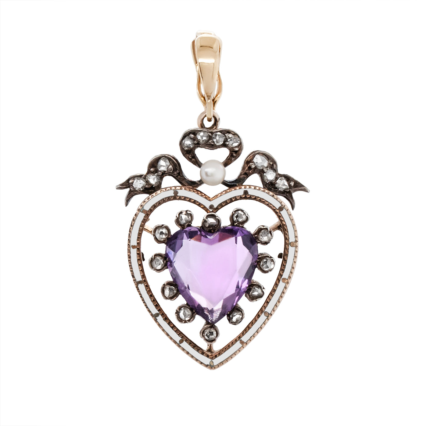 Edwardian Amethyst Enamel and Diamond Heart Pendant-Charlotte Sayers Antique Jewellery