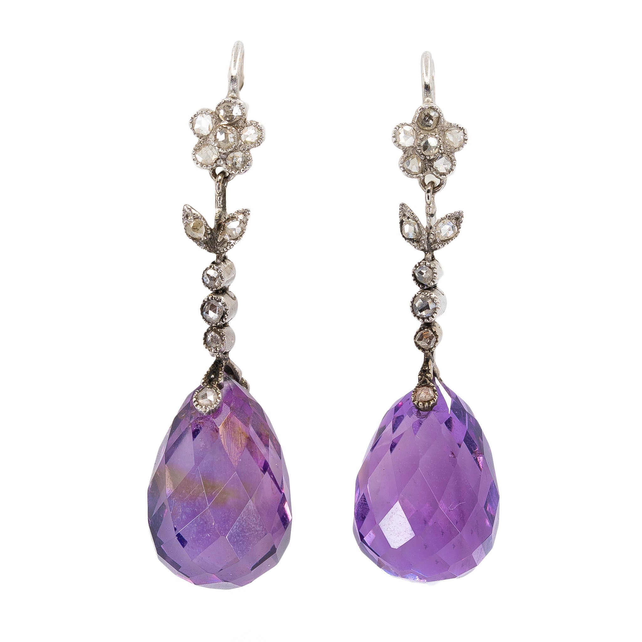 Edwardian Amethyst and Diamond Earrings-Charlotte Sayers Antique Jewellery