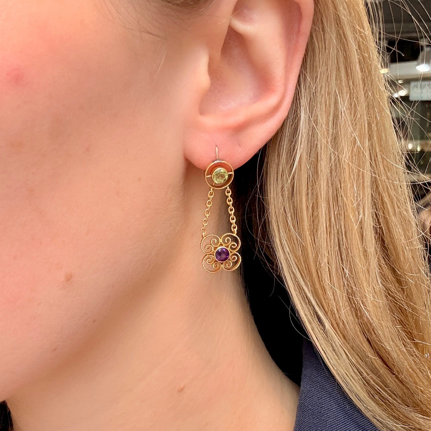 Edwardian Amethyst and Peridot Earrings-Charlotte Sayers Antique Jewellery
