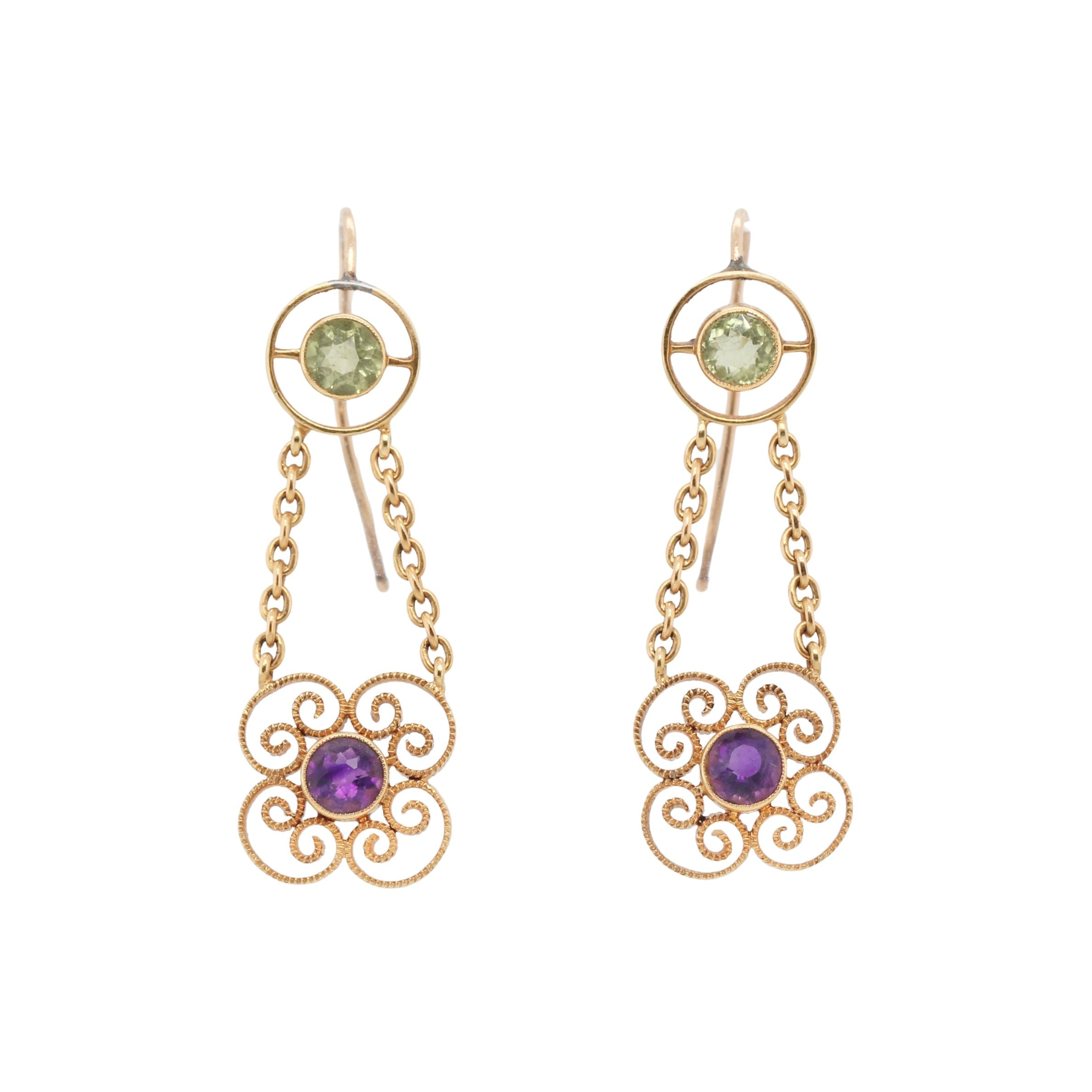 Edwardian Amethyst and Peridot Earrings-Charlotte Sayers Antique Jewellery