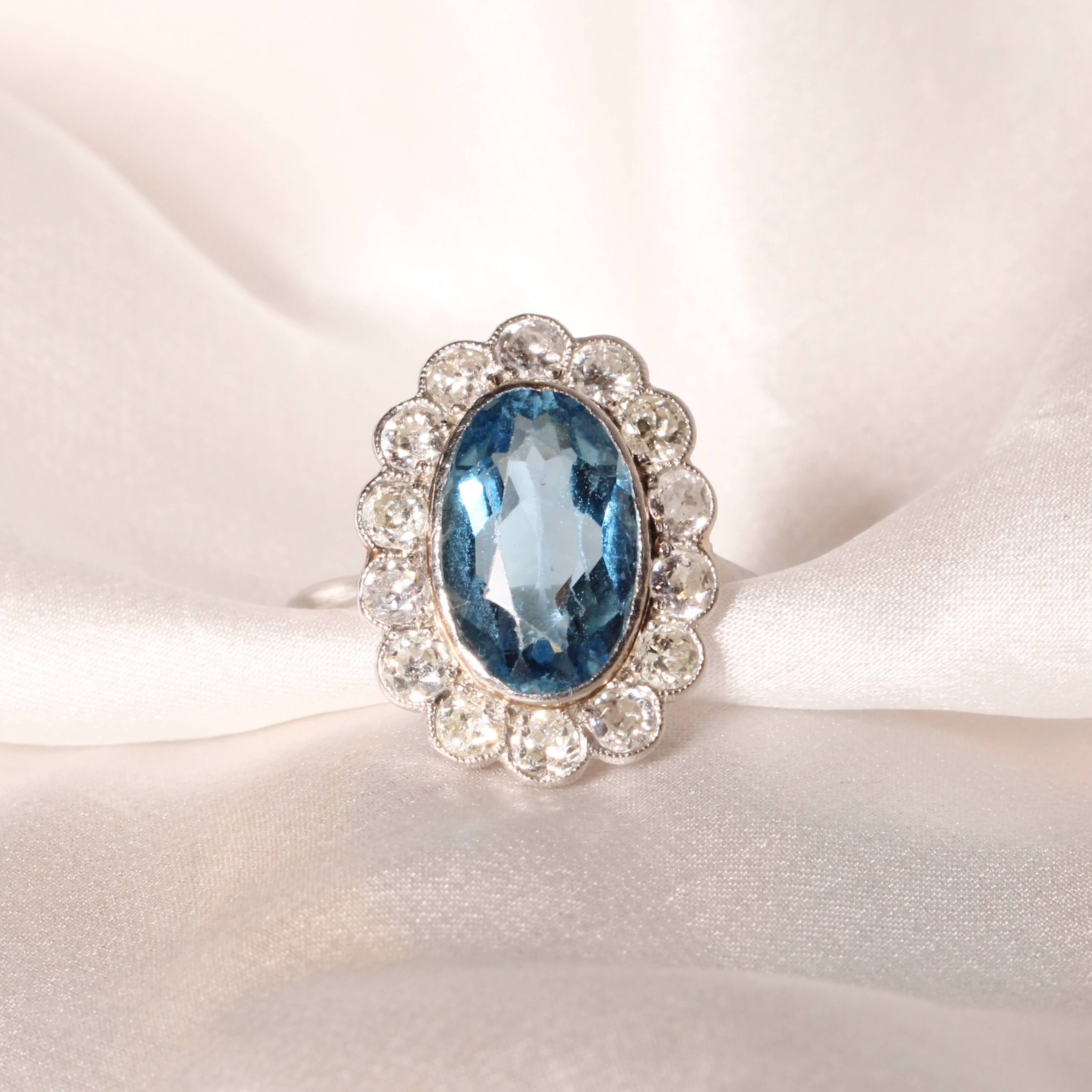 Edwardian Aquamarine and Diamond Cluster Ring-Charlotte Sayers Antique Jewellery