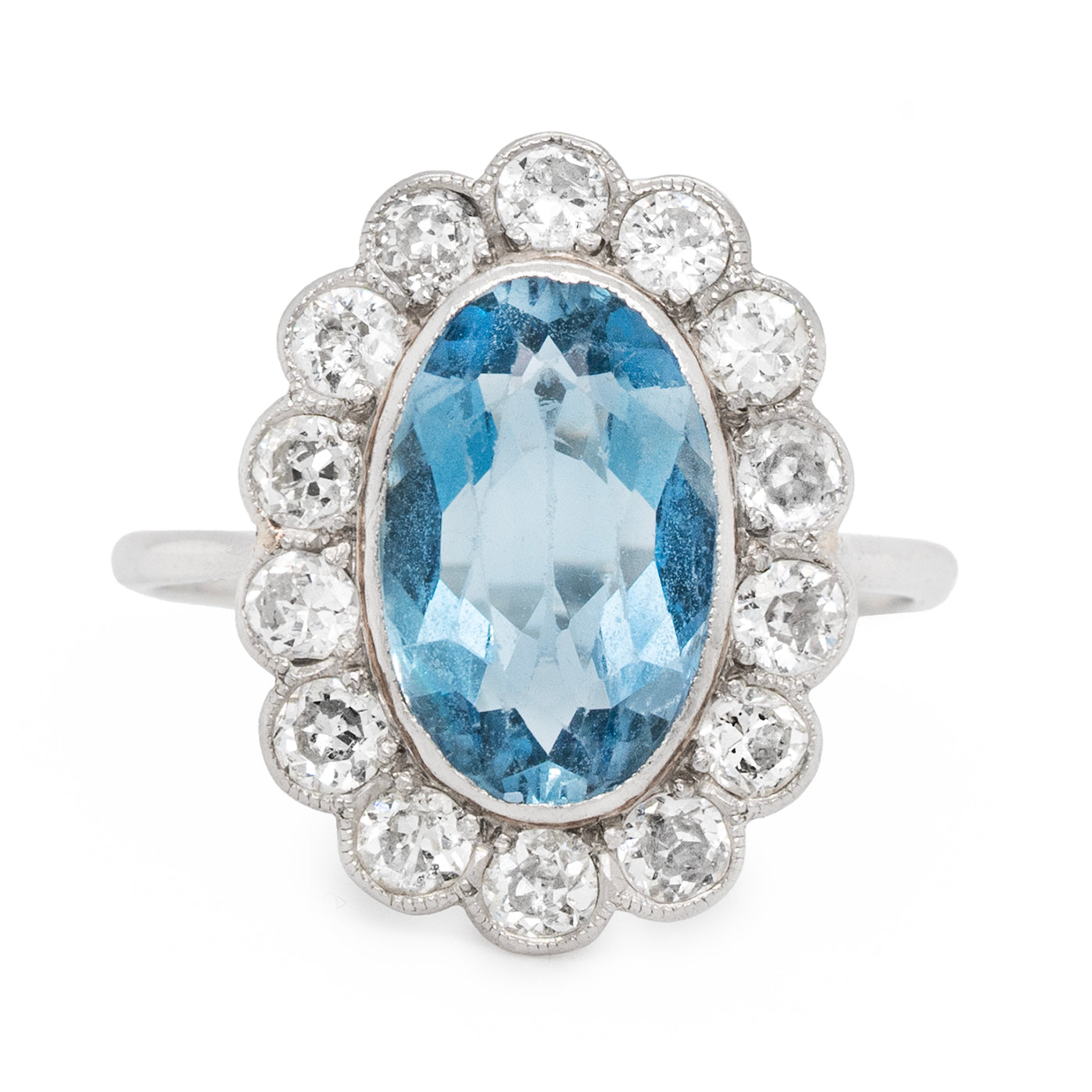 Edwardian Aquamarine and Diamond Cluster Ring-Charlotte Sayers Antique Jewellery