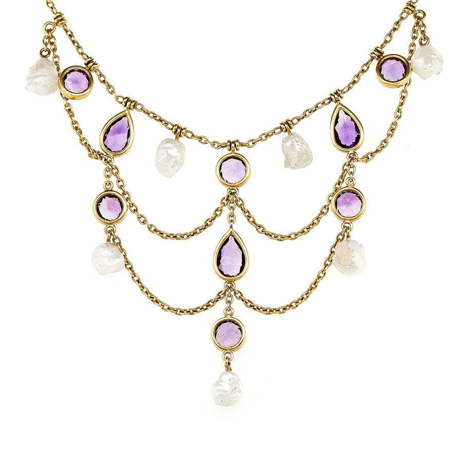 Edwardian Baroque Pearl and Amethyst Necklace-Charlotte Sayers Antique Jewellery