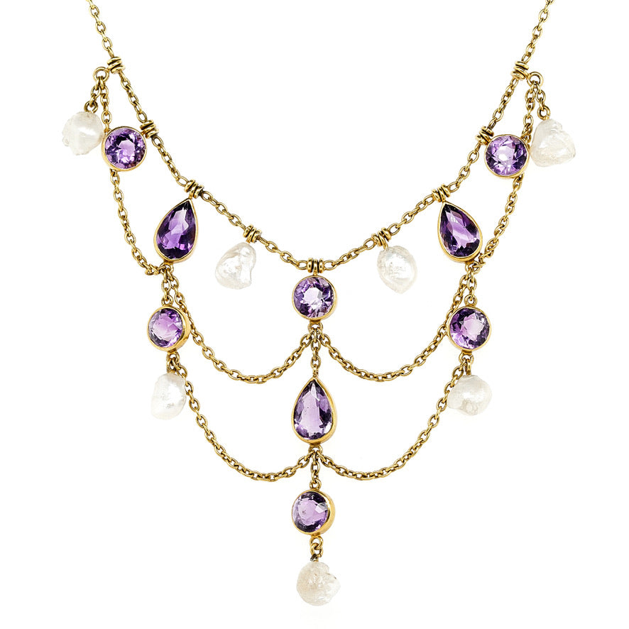 Edwardian Baroque Pearl and Amethyst Necklace-Charlotte Sayers Antique Jewellery